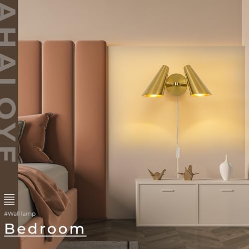 Gold 2-Light Plug in Wall Sconce, Modern Vanity Light Wall Lamp with Rotatable Lampshade Picture Light for Bedroom Living Room Bathroom Foyer - color: B-Gold