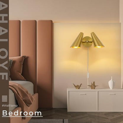 Gold 2-Light Plug in Wall Sconce, Modern Vanity Light Wall Lamp with Rotatable Lampshade Picture Light for Bedroom Living Room Bathroom Foyer - color: B-Gold