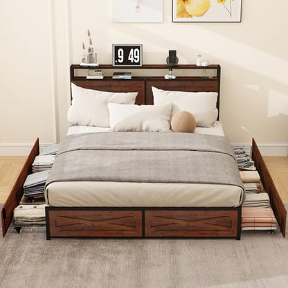 Zevemomo Full LED Bed Frame with 6 Storage Drawers, Farmhouse Headboard w/Charging Ports Station, Full-Size Platform Bed Frame No Box Spring Needed, Metal Structure & Wood Boards, Rustic Bed Frames