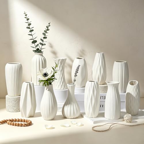 BEAHOT Ceramic Bud Vases Set of 12 - Matte Mini White Jars Bulk | Small White Ceramic Vases for Centerpieces, Wedding Floral Arrangements, DIY Crafts & Boho Table Decor (No Repeating Designs) - size: 12pack Unglazed White