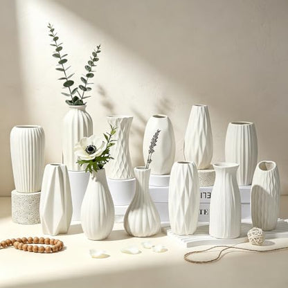 BEAHOT Ceramic Bud Vases Set of 12 - Matte Mini White Jars Bulk | Small White Ceramic Vases for Centerpieces, Wedding Floral Arrangements, DIY Crafts & Boho Table Decor (No Repeating Designs) - size: 12pack Unglazed White