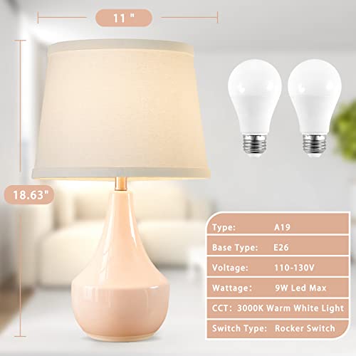 18" Table Lamp Set of 2, Ceramic Lamp Classic Beside Lamps Nightstand Lamp Modern Bedside Lamp for Living Room, Bedroom & Office Rocker Switch Pink-LED Bulbs Included - color: 18.63" Pink