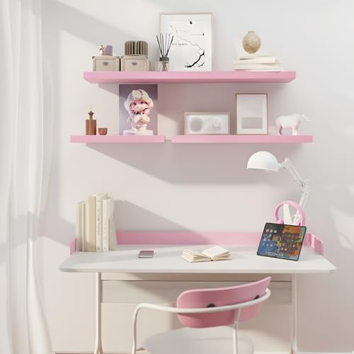 SAUMONIERES Floating Wall Shelves for Bedroom Bathroom Wall Mounted Solid Wood Shelf 24 Inch Set of 3, Pink Floating Shelves - color: Pink, size: 24 Inch-3 shelves