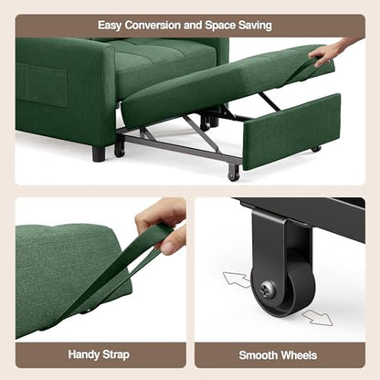 Convertible Sleeper Chair Sofa Bed, 3 in 1 Pull Out Chair, Green | 3 in 1 Chair Bed, Adjustable Backrest, Storage Pocket, Compact Fit for Living Rooms, Apartments, Guest rooms - color: Green