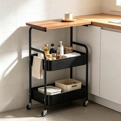 3 Tier Metal Storage Utility Cart with Wooden Top, Rolling Home Organizer | Stable and Sturdy, 2 Lockable Wheels, Multi-Purpose for Snacks, Coffee, Craft, Makeup, Garage, Bedside, Kitchen, Office