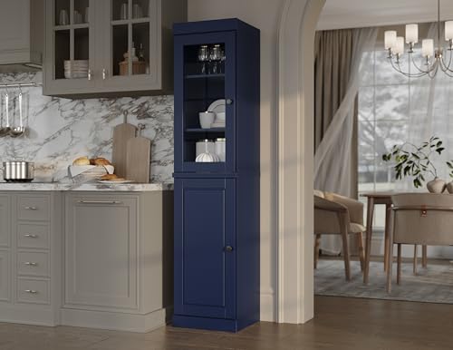 Solid Wood Kitchen Pantry - Narrow Storage Cabinet - 16.5" Wide x 71.5" Tall - 1 Raised Panel & 1 Glass Door, Navy Blue, Adjustable Shelves, 100% Eco-Friendly Wood, Modular Cabinets - color: Navy Blue, style: Clear Glass Top Door / Raised Panel Bottom Doo