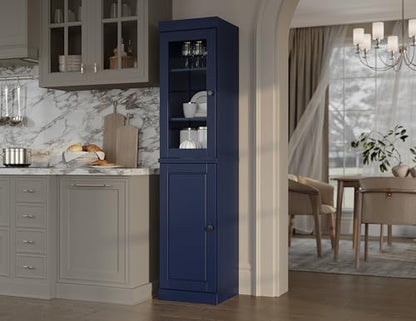 Solid Wood Kitchen Pantry - Narrow Storage Cabinet - 16.5" Wide x 71.5" Tall - 1 Raised Panel & 1 Glass Door, Navy Blue, Adjustable Shelves, 100% Eco-Friendly Wood, Modular Cabinets - color: Navy Blue, style: Clear Glass Top Door / Raised Panel Bottom Doo