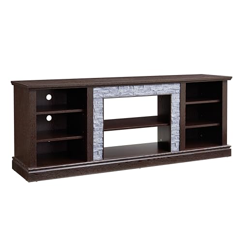 70 inch TV Stand for 75 inch TV, Cherry Wood Media Console with Faux Stacked Stone Surround, Large Entertainment Center with Storage Cabinets and 6 Cable Management Holes for Living Room - color: Cherry