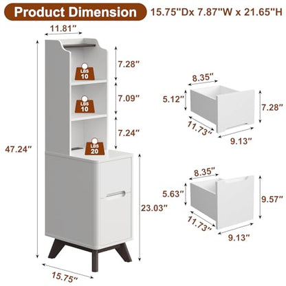 Tall Nightstand with Charging Station, Narrow Side Table with Bookshelf | 47" Tall Free Standing Wooden Night stand with 2 Drawers and 4 Open-Shelves, Modern End Bedside Table for Bedroom, White - color: White, size: Tall (2 drawer)