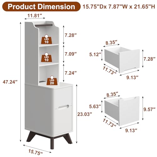 Tall Nightstand with Charging Station, Narrow Side Table with Bookshelf | 47" Tall Free Standing Wooden Night stand with 2 Drawers and 4 Open-Shelves, Modern End Bedside Table for Bedroom, White - color: White, size: Tall (2 drawer)
