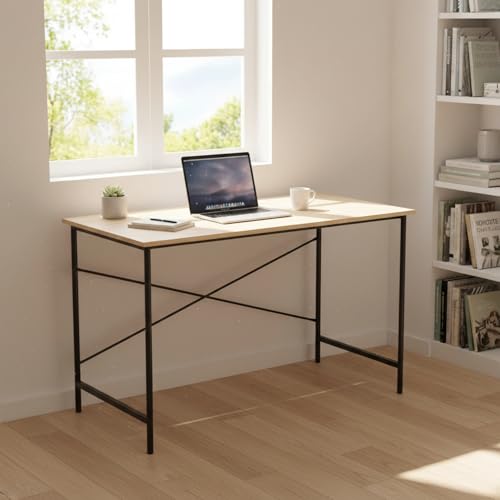 Modern Computer Desk with Light Wood Top, 47.2" x 23.6" Writing Table, Black Metal Frame with Cross Brace, Minimalist Home Office Desk for Study or Workstation or Entryway