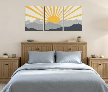 Frimeeme Modern Boho Sun Canvas Wall Art, Set of 3, Yellow and Gray Mountain Sunrise, 12x16 Inch Each, Framed - color: Framed - Sun Canvas Wall Art, size: 12"L x 16"W x 3Pieces