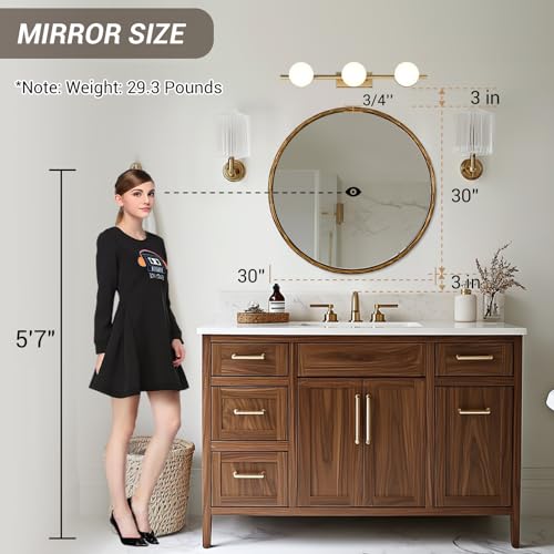 30 Inch Hand-Forged Round Gold Mirrors, Hammered Round Bathroom Mirror for Over Sink, Brass Vanity Circle Mirror for Antique, Vintage, Farmhouse, Rustic, Solid Steel Metal Frame - color: Gold, size: 30"L x 30"W