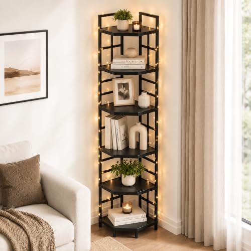 Corner Shelf, 6 Tier Industrial Corner Bookshelf Bookcase, Black | 76.8"Inch Tall,USB LED Light,Anti-Tip Protection, Plant Stand for Living Room, Kitchen, Home Office
