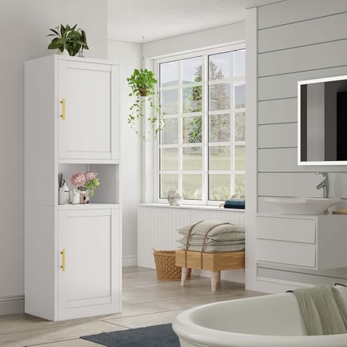 pozdeg 67" Tall Narrow White Metal Storage Cabinet | 2 Doors, 4 Adjustable Shelves, Freestanding Slim Pantry Organizer for Bathroom Kitchen Living Room - color: White, size: 15.8"D x 19.7"W x 67"H