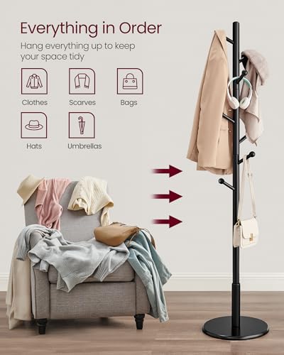 VASAGLE Solid Wood Coat Rack, Free Standing Hall Coat Tree with 8 Hooks, 3 Height Options, for Coats, Hats, Bags, Purses, for Entryway, Hallway, Rubberwood Hooks and Pole, Ink Black URCR007P33 - color: Ink Black, style: Round Base + Spherical Hooks