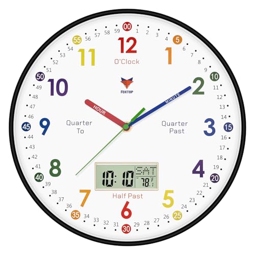 Foxtop Digital and Analog Learning Clock for Kids - Telling Time Teaching Clock 12 Inch Silent Non-Ticking Battery Operated Kids Wall Clock for Kids Room Playroom Nursery Classroom School (Black) - color: Black, size: 12 Inch