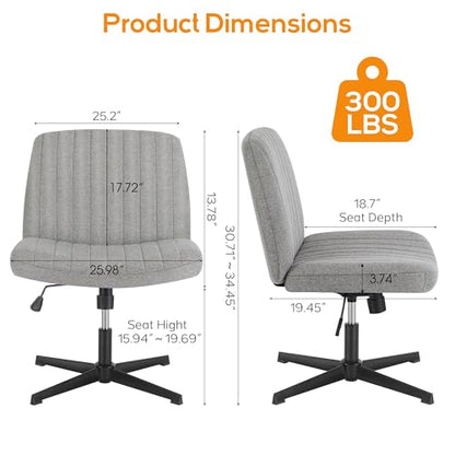 DUMOS Criss Cross Chair No Wheels Legged Office Wide Comfy Desk Vanity Chair, Armless Computer Task Seating, Swivel Home Height Adjustable for Bedroom, Study, Grey Fabric - color: Grey Fabric