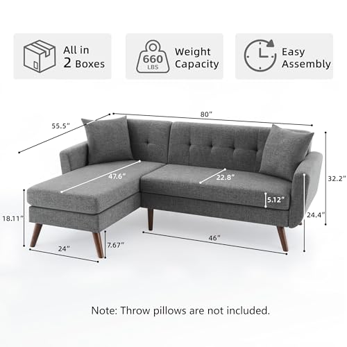 Tbfit L Shaped Couch Sofa, 80" W Mid-Century Modern Sectional Couches, 3 Seater Sofas with Wide Chaise Lounge, Button Tufted Upholstered Sectional Sofa for Living Room, Bedroom, Gray - color: Grey, size: 80" L-shape