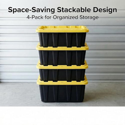 4 Pack 17 Gallon Stackable Lockable Storage Bins with Lids, Black & Yellow | Thickened durable plastic, nestable empty design, built-in ergonomic handles, multi-scene indoor outdoor storage use