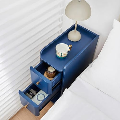 Narrow Nightstand Set of 2, Wooden Small 2 Drawer Nightstand, Slim Side End Table, Skinny Bedside Table, Mid Century Modern Night Stand with Drawers for Bedroom (Blue-1 pc) - color: Blue-1 Pc