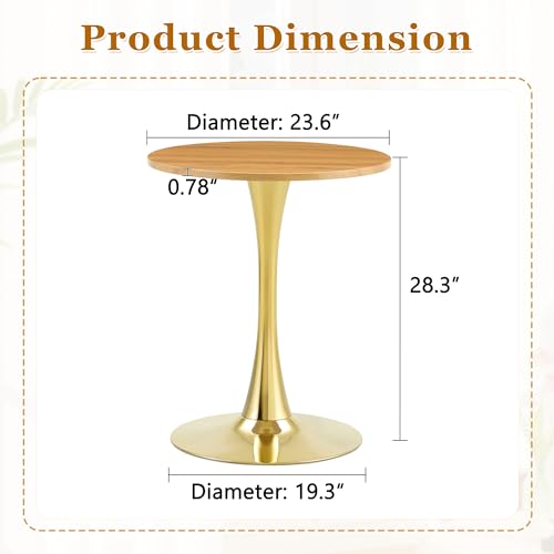 23.6" Round Dining Table, Mid-Century Modern Tulip Table with Thickened Tabletop & Metal Pedestal, Circle Bistro Table for Kitchen, Small Places, Apartments, Cafe - color: Wood Gold, size: 23.6" dining table