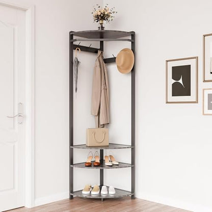 Corner Hall Tree with Shoe Bench & 6 Double Hooks, Space-Saving Entryway Corner Coat Rack with Storage Organizer & Shelf, Multi-Functional Hallway Storage Tree for Entryway, Hallway, Rustic Grey