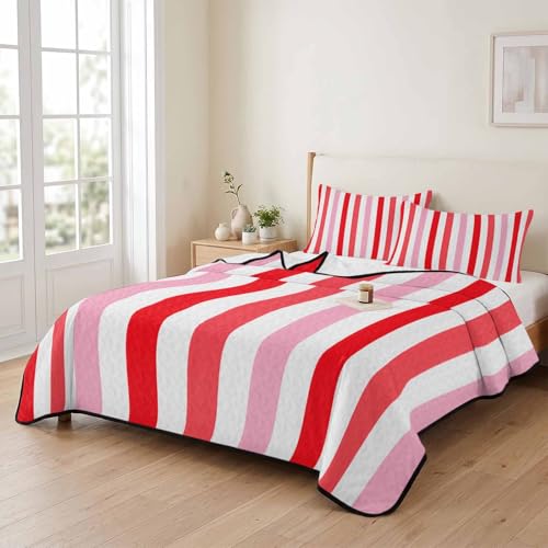 Modern Red Pink Stripe Quilt Set Twin Size, Lightweight Summer Bedspread,Abstract Minimalist Line Soft Coverlet Bedding Set for All Season - 3 Pieces (1 Quilt,2 Pillow Shams) - color: Pink Red, size: Twin
