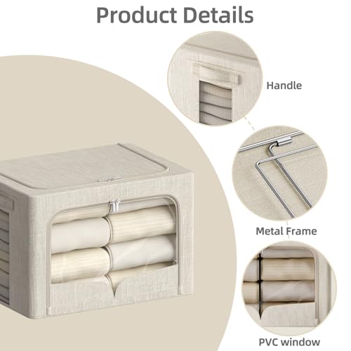 FHSQX 3 Pack Clothes Storage Bins - Foldable Metal Frame Storage Box - Stackable Linen Fabric Container Organizer Set with Carrying Handles and Clear Window (Beige, 15.7x11.8x9.8inch(30L)) - color: Beige, size: 15.7x11.8x9.8inch(30L)
