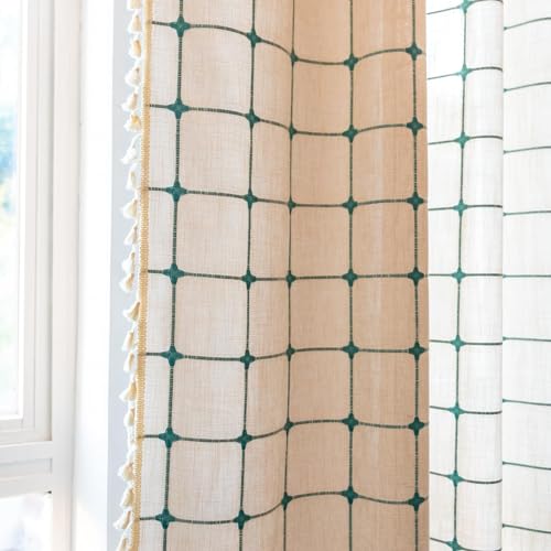 Deeprove Boho Curtains 72 Inches Long for Laundry Room Classroom, Linen Plaids Turquoise Embroidery Semi Blackout Bohemian Farmhouse Window Treatment Grids Drape Tassels, 1 Panel W52 x L72 Beige - color: Beige + Turquoise, size: 52"W x 72"L (Pack of 1)