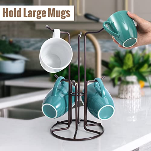 HULISEN Mug Tree for Large Cups, 6 Hook Countertop Coffee Mug Holder, Brown | Cup Rack for Counter, Stable Wide Base, Metal Stand for Kitchen Coffee Bar Display, Space-Saving, No Assembly Required - color: Brown