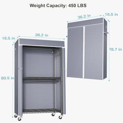 Black Clothing Rack with Grey Cover, P1C Rolling Closets | Metal Garment Rack for Hanging Clothes, Clothing Storage Wardrobe, with Wheels - color: Black Rack With Grey Cover