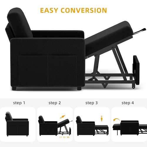 YITAHOME Convertible Sofa Chair Bed | 3-in-1 Sleeper Sofa with Pull-Out Bed, Linen Fabric Single Sleeper Chair with Reclining Backrest and Wide Armrest, Modern - color: Black, size: 74.8 x 35.8in