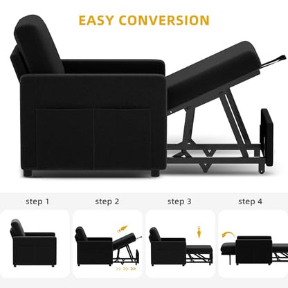 YITAHOME Convertible Sofa Chair Bed | 3-in-1 Sleeper Sofa with Pull-Out Bed, Linen Fabric Single Sleeper Chair with Reclining Backrest and Wide Armrest, Modern - color: Black, size: 74.8 x 35.8in