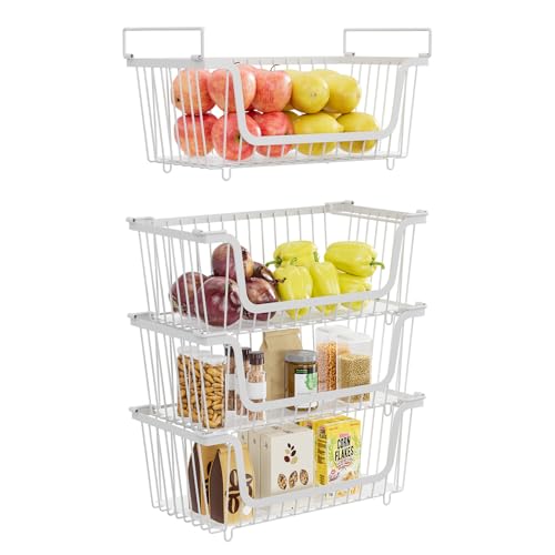 4 Pcs Stackable Wire Baskets for Pantry Organizers and Storage, White | Metal Baskets with Handles,Produce Potato Onion Storage Bin,Vegetable Fruit Basket for Countertop, Kitchen Storage - color: White