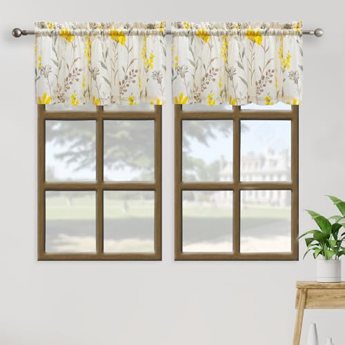 July Joy Printed Valance Linen Textured for Living Room Floral Leaf Design Sheer Curtains Farmhouse Style Window Panel Drapes Set Rod Porket Treatment for Bedroom, Dining, 52 x 18 inch, Yellow - color: Yellow
