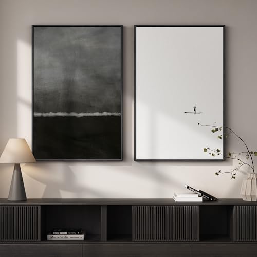 Large Framed Black and White Abstract Wall Art for Living Room, Set of 2 Modern Minimalist Canvas Prints Artwork for Walls, Seascape Pictures for Bedroom Dining Room Hallway Office Wall Decor 24x36 In - color: Silent Horizon, size: 24" W x 36" H x 2Pcs