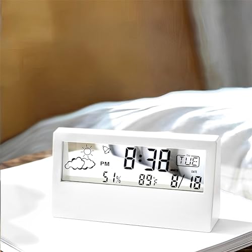Digital Alarm Clock,Transparent Modern Design, Temperature, Humidity, Snooze, Aesthetic Home & Office Decor, Battery Operated Desk Clock for Office,Living Room,Shelf, Bedroom, White
