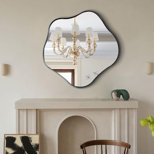 Scalloped Irregular Mirror, 24" Asymmetrical Art Deco Wall Mirror with Gold Metal Frame, Wavy Decorative Accent Mirrors for Entryway Bedroom Living Room, Horizontal or Vertical Hanging - color: Black, size: 24"L x 24"W