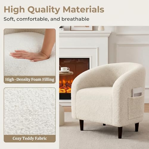 TLSUNNY Accent Chair, Upholstered Comfy Teddy Fabric Barrel Chair | Modern Furry Barrel Chair with a Side Pocket, Club Armchair for Living Room/Bedroom/Reception Room - color: Beige