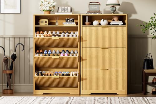 31" Fluted 2-Drawer Shoe Cabinet with Top Shelf, Narrow Entryway Organizer | Slim tipping bucket, gold handles, anti-tipping safety, holds 12-16 pairs, hallway storage, entryway accent table, 1 box - color: Wood Color, size: 3