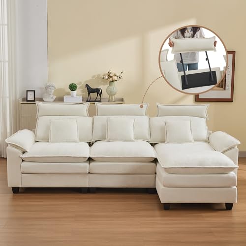103'' Cloud Modern 3 Seater Couch with Detachable Headrest, Modular Sectional Sofa with Ottoman, Oversized L Shape Chenille Comfy Sofa with Armrests for Living Room, Beige - color: Beige, size: L Shaped Couch