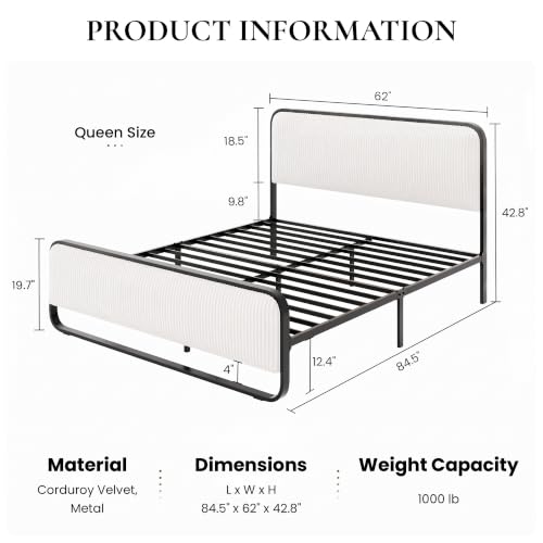 SHA CERLIN Queen Size Metal Bed Frame with Upholstered Headboard, White | Curved Upholstered Headboard and Footboard, Large Under Bed Storage, No Box Spring Needed - color: White, size: Queen