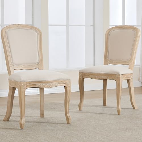 Kmax French Dining Chairs Set of 2, Farbric Upholstered Dining Chairs with Elegant Curved Legs High Back Armless Kitchen Chairs Side Chairs for Dining Room Restaurant - Linen, Beige/Natural Legs - color: Fan-back/Beige Seat/Natural Leg, size: 2 Chairs