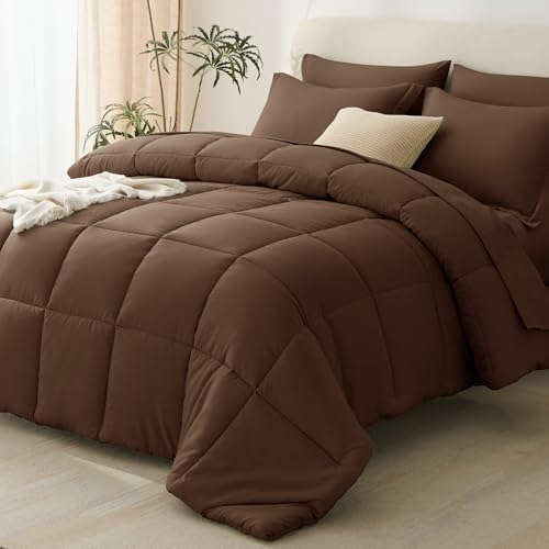 Queen Comforter Set, 7-Piece Bed in a Bag, Brown | OEKO-TEX Certified, Box-Stitched Design, 240 GSM Down Alternative Fill, All-Season Comfort, Sheets, Pillowcases & Shams - color: Brown, size: Queen(88"x88")