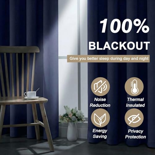 100% Blackout Curtains for Bedroom - Solid Thermal Insulated Thick Fabric Light Blocking Curtains, Grommet Soundproof Navy Blue Window Drapes, 2 Panels, 2x52Wx84L Inches - color: Indigo, size: 52"W x 84"L (Pack of 2)