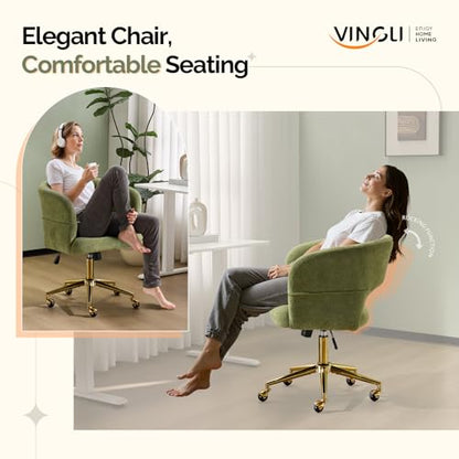 VINGLI Modern Curved Office & Vanity Desk Chair, Cute Upholstered Nail Chair with Wheels & 360° Swivel & Club & Tilting & Gold Base, for Bedroom, Living Room, Makeup, Velvet Chenille, Green - color: Green
