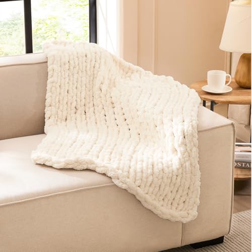 L'AGRATY Chunky Knit Throw Blanket for Couch, 30'' x 40'' Knit Throw, Ivory | Handmade Chenille Crochet Blanket for Sofa Bed, Thick Cable Knitted Blankets for Room Home Decor, Birthday Gift for Women Mom - color: Ivory, size: 30"x40"