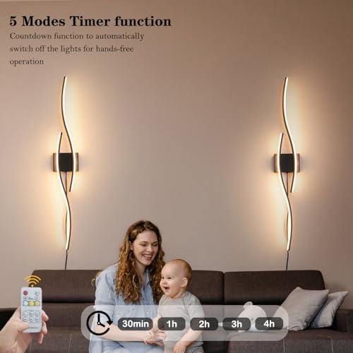 Daunton Modern Plug in Wall Sconces Set of Two, RC Dimmable LED Plug in Wall Light, Black Sconce Wall Lighting for Living Room, Hallway, Bedroom - color: Black, size: 40.5in A plug in