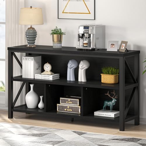 EXCEFUR Modern Black Horizontal Bookshelf, Industrial Wood & Metal Bookcase, Low Wide Book Shelf 4 Cube Storage Organizer for Living Room Bedroom Office, 47 Inch - color: Black